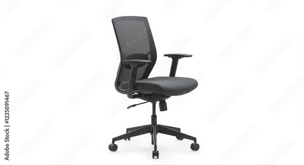 Black Mesh Office Chair with Adjustable Arms on White Background Black Mesh Office Chair with Adjustable Arms on White Background