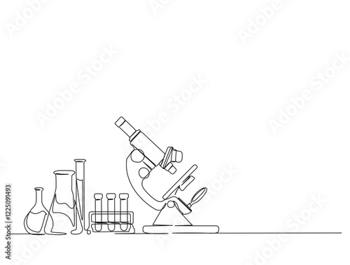 Continuous one line drawing of microscope - laboratory equipment. Microscope and laboratory test tube. in single line draw illustration. Editable stroke.