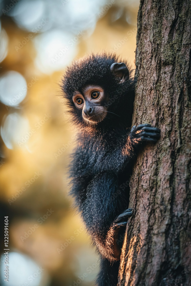 Fototapeta premium Adorable baby monkey clinging to a tree in a golden forest light, symbolizing innocence, curiosity, and the beauty of wildlife in its natural habitat.