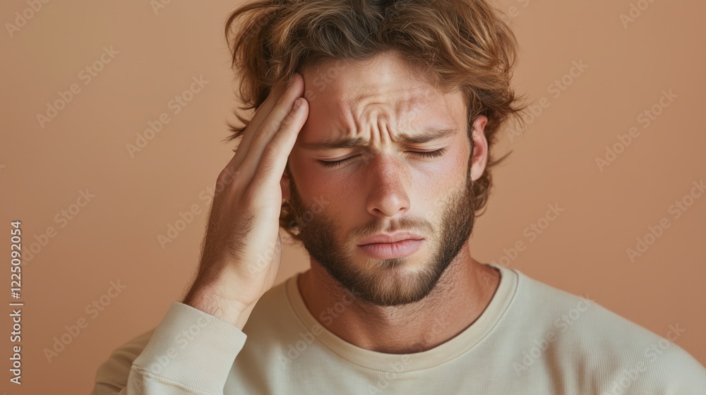 Feeling overwhelmed young man faces stress at home portrait indoor close-up Feeling overwhelmed young man faces stress at home portrait indoor close-up