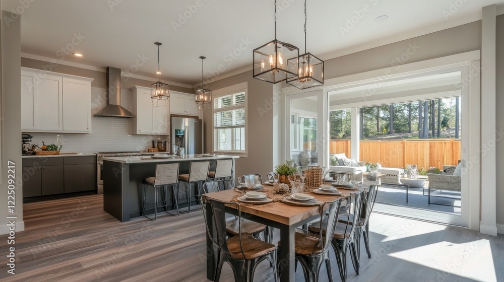 Fototapeta premium Modern open kitchen and dining area with stylish gray tones and outdoor patio view