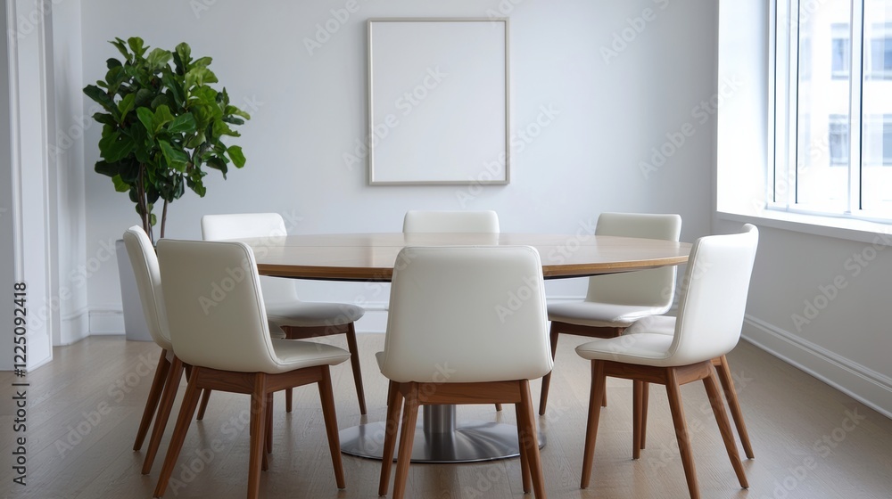 Modern corporate office meeting room with round table encouraging team collaboration Modern corporate office meeting room with round table encouraging team collaboration