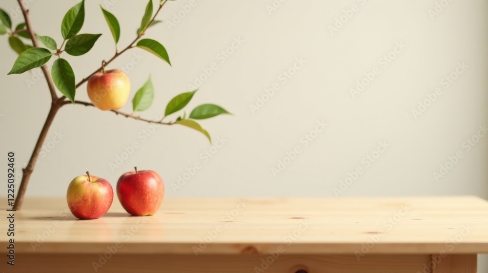 A Wooden Tabletop Display Featuring Three Ripe Apples and a Branch with Lush Green Leaves, a Still Life Composition Suggestive of Autumnal Abundance A Wooden Tabletop Display Featuring Three Ripe Apples and a Branch with Lush Green Leaves, a Still Life Composition Suggestive of Autumnal Abundance