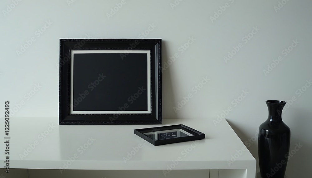 Obraz premium blank black picture frame on the white desk and wall,Black frame mockup standing on a white desk against a white wall,864