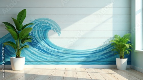 Serene coastal room design featuring a large ocean wave mural on a light wood wall, complemented by potted tropical plants adding a touch of natural beauty