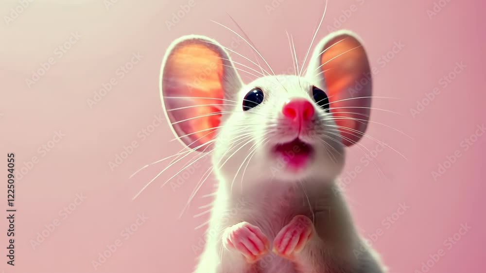 Adorable white mouse with large ears looking curiously against a soft pink background, capturing a playful moment