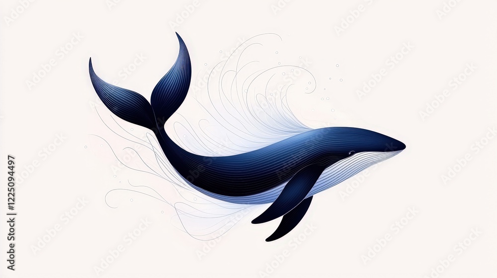 Elegant Blue Whale Swimming with Graceful Waves and Flowing Lines in Minimalist Style