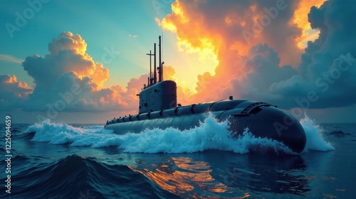 Submarine traversing ocean waves during a vibrant sunset, displaying powerful maritime vessel cutting through water with dramatic sky