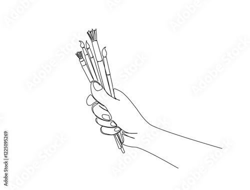 Continuous one line drawing of hand holding paint brushes. Hand holds brushes in single line draw illustration. Editable stroke.