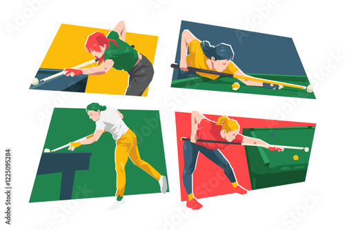 set of female character playing billiard, pool, snooker. sport, lifestyle. flat vector illustration.