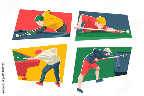 set of male character playing billiard, pool, snooker. sport, lifestyle. flat vector illustration.