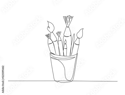 Continuous one line drawing of pencils and brushes in a glass. Brush and pencils in single line draw illustration. Editable stroke.