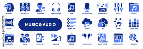 Set of vector solid icons related to music and sound industry, audio listening and recording. Symbols for website or app ui, logo design, illustration