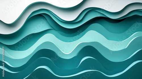 Abstract layered teal and white wave pattern. Textured paper like effect creates a calming, flowing design. Shades of blue and white create a serene