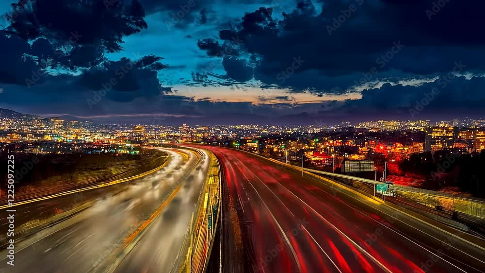 Colorful sunset over busy city highways. Vehicles speeding along vibrant expressways. Evening commute in a bustling metropolis. The cityscape glows under twilight. Calming end to a hectic day. Colorful sunset over busy city highways. Vehicles speeding along vibrant expressways. Evening commute in a bustling metropolis. The cityscape glows under twilight. Calming end to a hectic day.