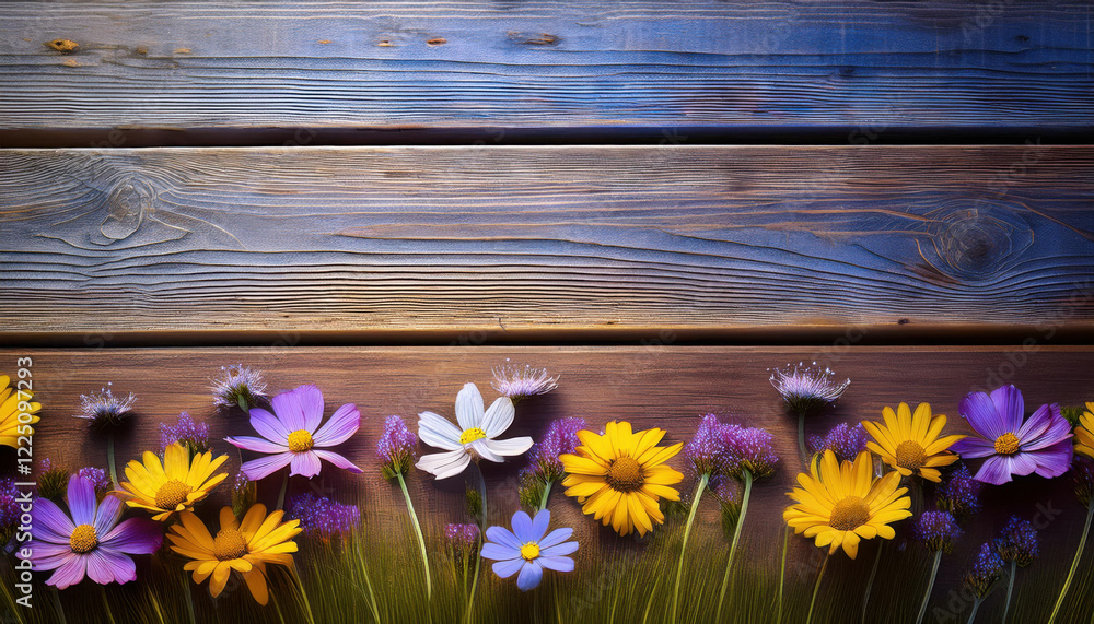Obraz premium Colorful firefly flowers arranged beautifully on wooden planks create a charming display in natural light