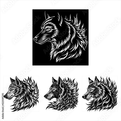 Stylized Wolf Head Illustrations With Intricate Line Art and Detail