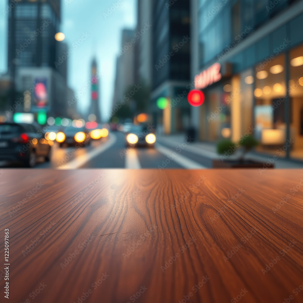 Empty wooden desk with out-of-focus city street view, cityscape, street, wooden Empty wooden desk with out-of-focus city street view, cityscape, street, wooden
