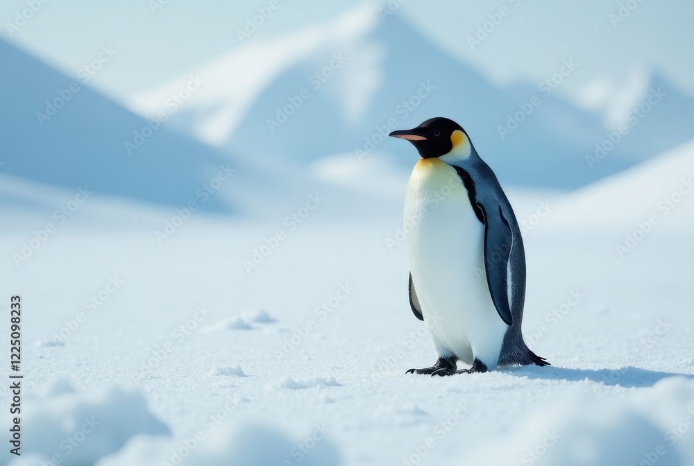 Obraz premium Majestic Emperor Penguin on a Snowy Landscape, a Solitary Figure Against a Backdrop of Distant Hills