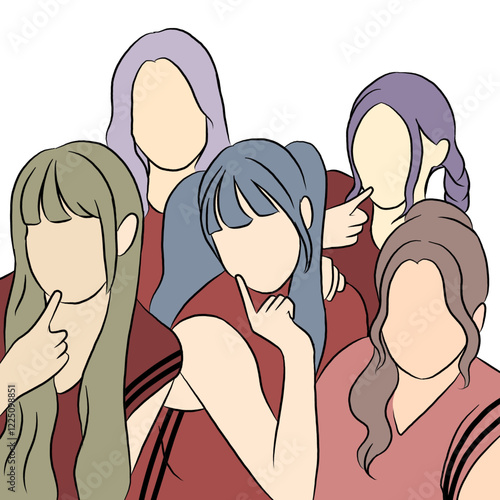 Vector illustration of five female idols.  Illustration of kpop female idol