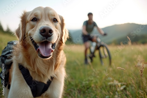 A golden retriever poses proudly in a beautiful outdoor setting after a bike ride, showcasing the joy of companionship in nature and the love shared with pets.