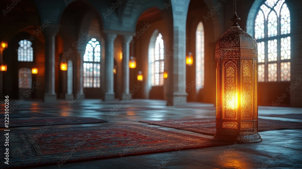Obraz premium Serene Mosque Interior with Illuminated Lantern