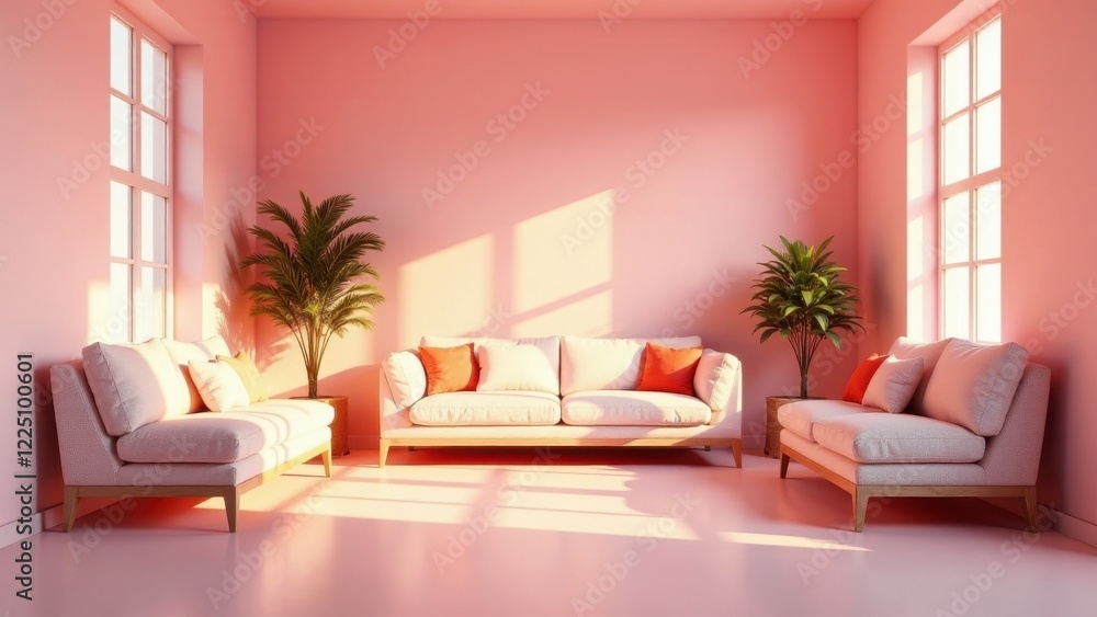 Serene Living Room with Pastel Walls, Soft Furnishings, and Sunlight Streaming Through Windows Serene Living Room with Pastel Walls, Soft Furnishings, and Sunlight Streaming Through Windows