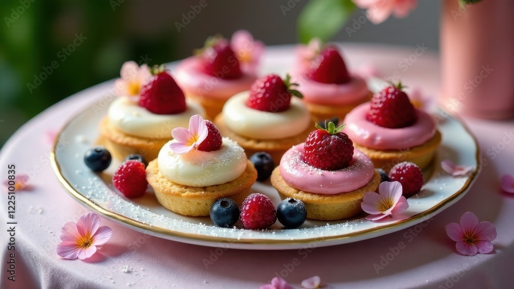 Delightful Dessert Tarts with Creamy Frosting and Fresh Berries, Adorned with Delicate Pink Blossoms on an Elegant Plate Delightful Dessert Tarts with Creamy Frosting and Fresh Berries, Adorned with Delicate Pink Blossoms on an Elegant Plate
