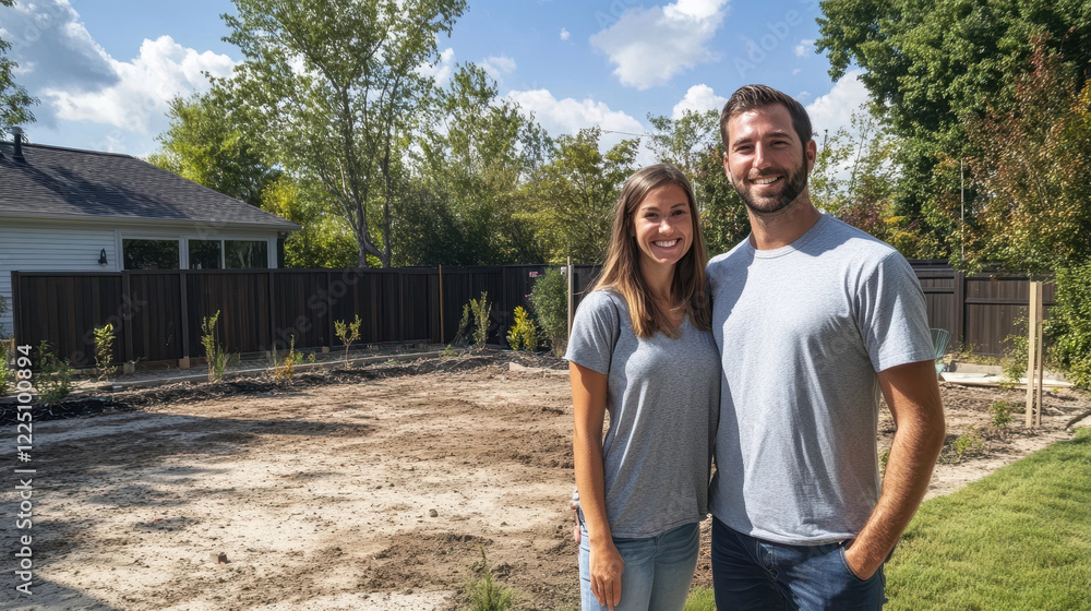 Obraz premium Smiling Couple Celebrate Owning Their First Home in Their Backyard