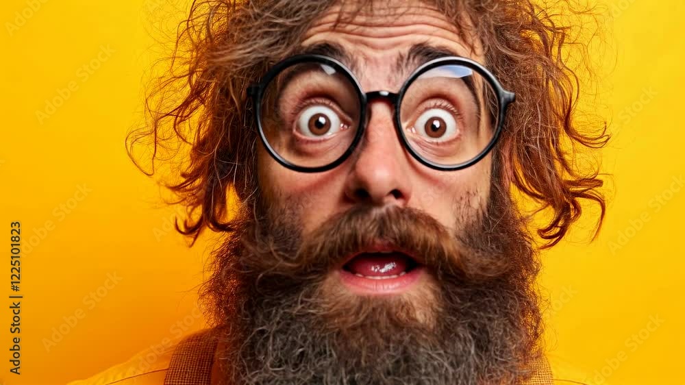Surprised man with curly hair and glasses expressing shock against a vibrant yellow background Surprised man with curly hair and glasses expressing shock against a vibrant yellow background