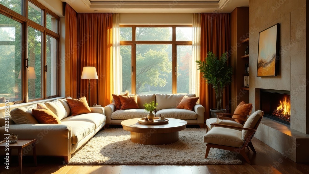 Relaxing Living Room with Warm Hues and Abundant Natural Light Streaming Through Large Windows Relaxing Living Room with Warm Hues and Abundant Natural Light Streaming Through Large Windows