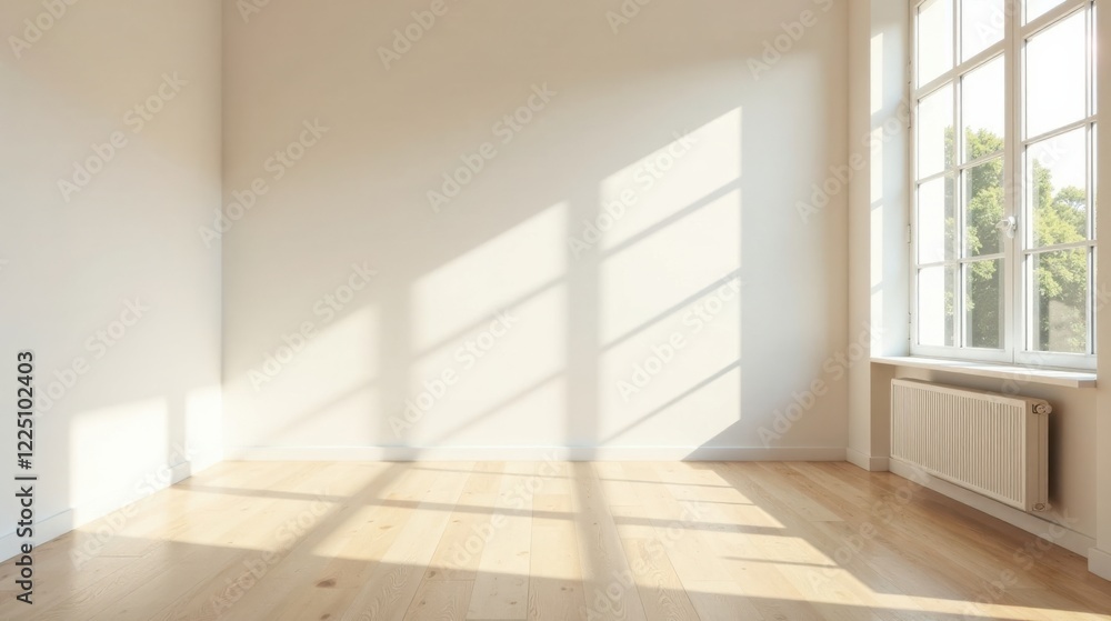 Obraz premium Sunlight streams into an empty room with hardwood floors and a radiator