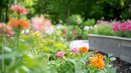Backyard garden with multiple raised wooden garden beds filled with vibrant flowers, lush green plants, and various herbs, warm sunlight, inviting atmosphere, mix of colorful blooms, trees and a