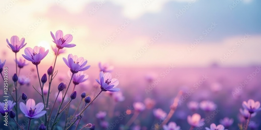 Naklejka premium Serene Sunset Meadow with Delicate Purple Blossoms Basking in the Golden Hour Light