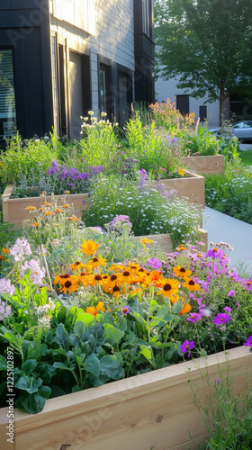 Backyard garden with multiple raised wooden garden beds filled with vibrant flowers, lush green plants, and various herbs, warm sunlight, inviting atmosphere, mix of colorful blooms. In the background