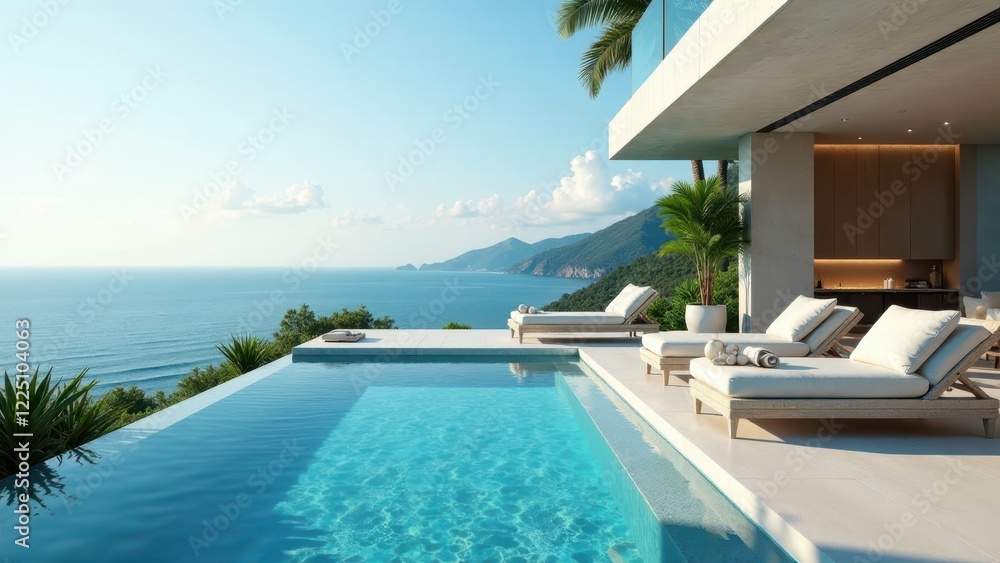 Fototapeta premium Oceanfront Villa Infinity Pool and Lounge Chairs A Serene Coastal Escape