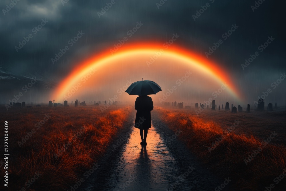 Fototapeta premium A figure standing in a stormy graveyard, holding an umbrella as a faint rainbow emerges in the distance, their posture radiating hope and optimism in the dark setting