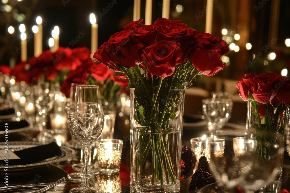 Romantic red roses centerpiece, candlelit dinner table, elegant event Romantic red roses centerpiece, candlelit dinner table, elegant event