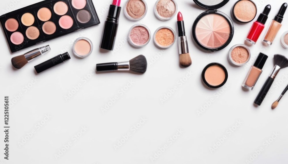 Makeup set with brushes, powder, and colorful cosmetics for a glamorous beauty look Makeup set with brushes, powder, and colorful cosmetics for a glamorous beauty look