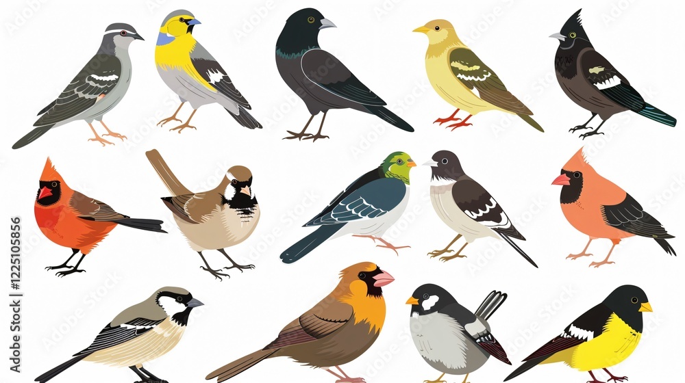 Fototapeta premium Colorful Cartoon Birds in Urban and Natural Settings