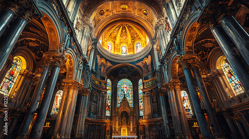 An Irish church interior with stained glass windows and religious symbols representing sainthood 