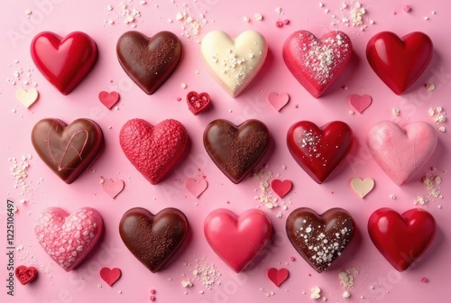 An assortment of heart-shaped chocolates, displayed on a pink background, perfect for Valentine's Day celebrations or romantic gifts.