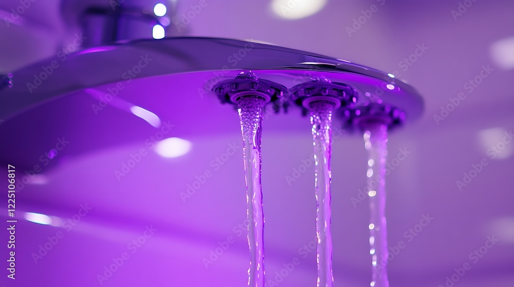Detail of a bathroom jet with purple light fixtures depicting a drop of fluid pouring Detail of a bathroom jet with purple light fixtures depicting a drop of fluid pouring