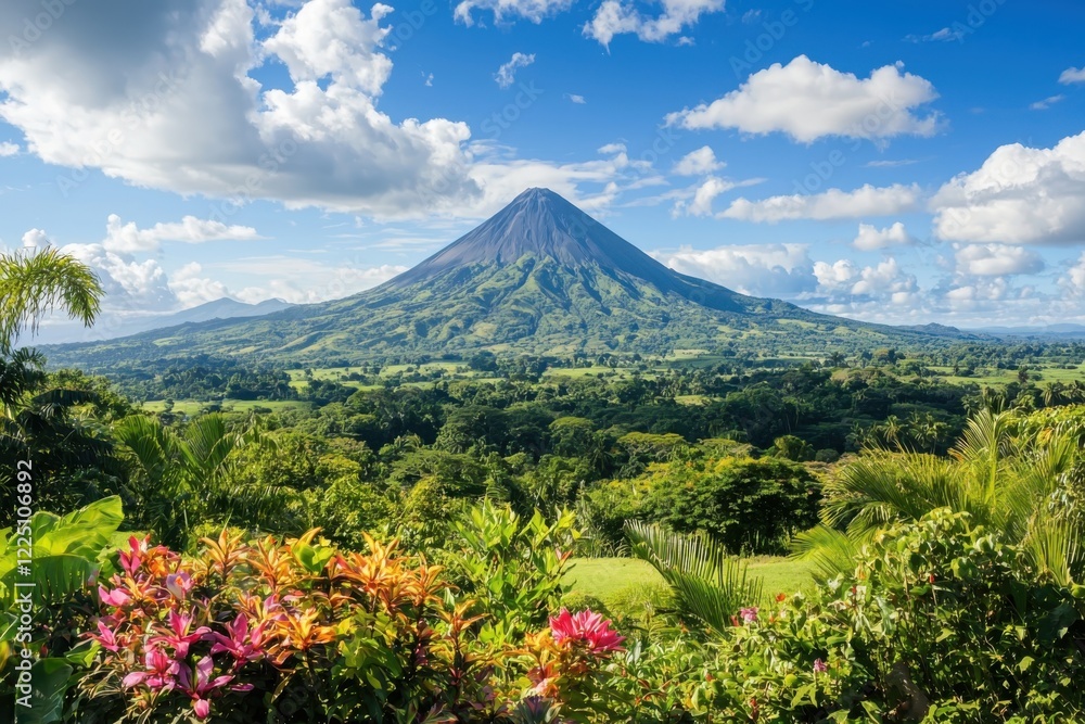 Obraz premium Breathtaking view of volcanic mountains overlooking lush tropical valleys filled with colorful exotic flora nature photography panoramic landscape scenic beauty