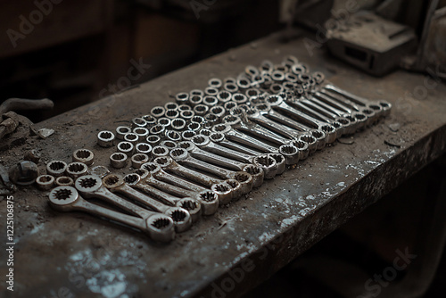 A collection of worn-out wrenches neatly arranged on a dusty workbench in a dimly lit workshop photo