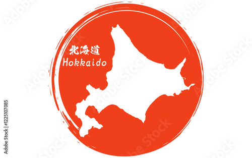 The Japanese flag with brushstrokes of the rising sun and map of Hokkaido prefecture, Japan Region