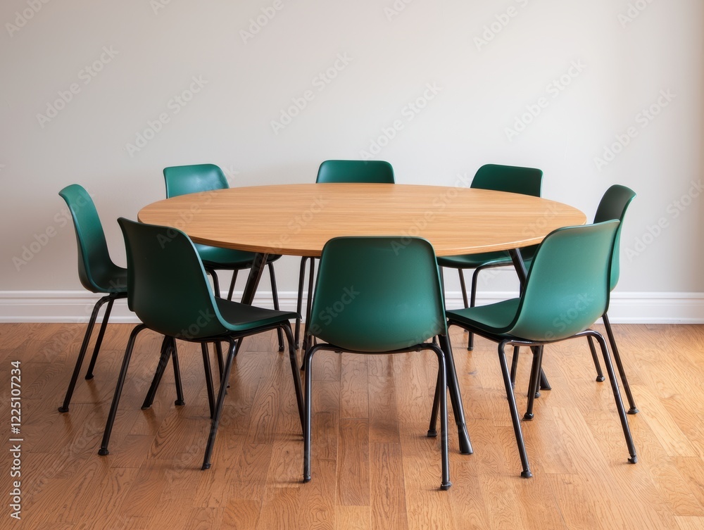 Obraz premium Round table with green chairs in a modern office promoting collaboration and teamwork