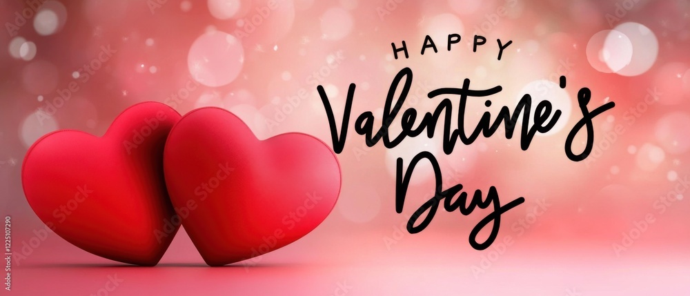 Naklejka premium Happy Valentines Day with two red heart shapes on a pink bokeh background, romantic love concept for greeting card or banner