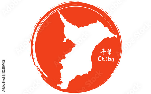 The Japanese flag with brushstrokes of the rising sun and map of Chiba prefecture, Japan Region