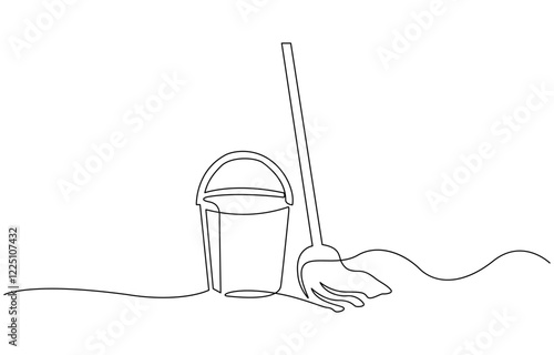 Mop and bucket continuous line art drawing. Cleaning service concept, Cleaning tools one line colored continuous drawing. Floor mop, plunger, plastic basin, squeegee cleaning glass.